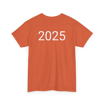 Astronaut Space Vibes Tee with galaxy graphic on orange fabric.