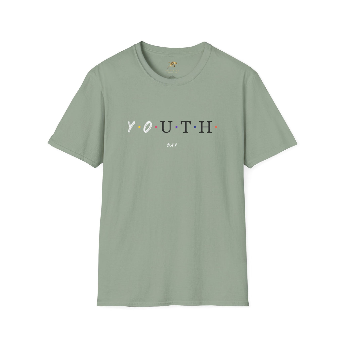 Unisex sage green Youth Day Celebration t-shirt with colorful dot letters, lightweight cotton crew neck tee