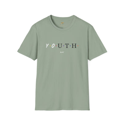 Unisex sage green Youth Day Celebration t-shirt with colorful dot letters, lightweight cotton crew neck tee