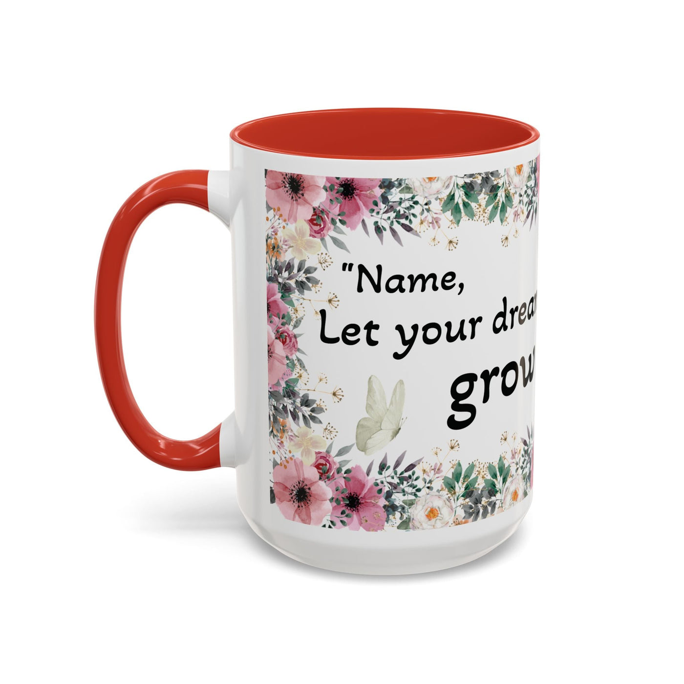 Inspirational quote mug with wildflower design, red interior, ideal for garden lovers.
