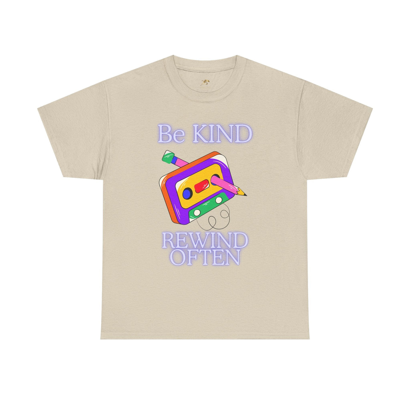 Retro "Be Kind, Rewind Often" unisex t-shirt with a 90s nostalgia cassette tape design in pastel colors.