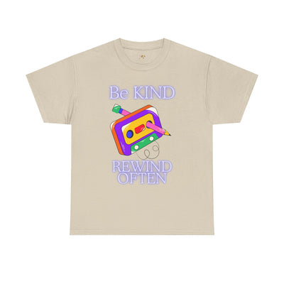 Retro "Be Kind, Rewind Often" unisex t-shirt with a 90s nostalgia cassette tape design in pastel colors.