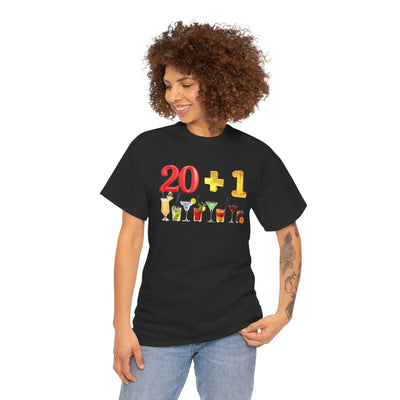 21st Birthday T-Shirt with "20 + 1" design and cocktail graphics, perfect for celebrating turning 21.