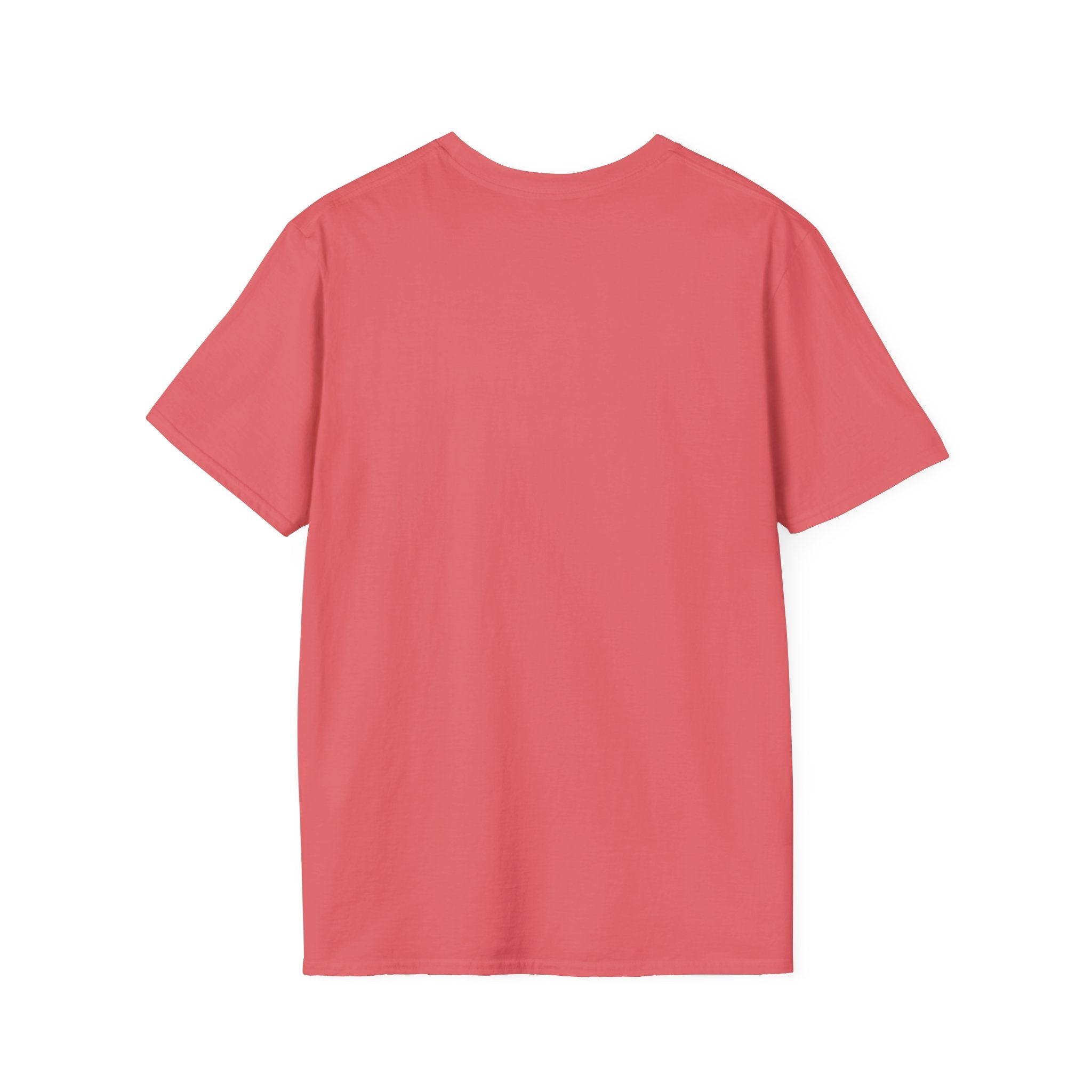 Back view of a coral Youth Day Unisex Softstyle T-Shirt with a classic fit and crew neckline
