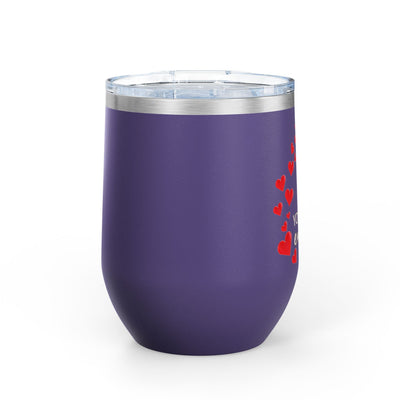 Positive Affirmation Wine Tumbler, 12oz stainless steel with leak-proof lid, purple with hearts design.