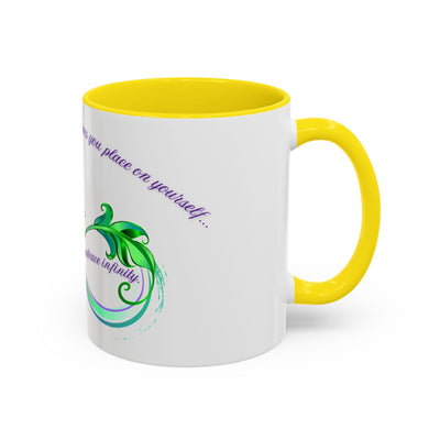 Inspirational Butterfly Coffee Mug with Embrace Infinity Design, yellow handle and interior.