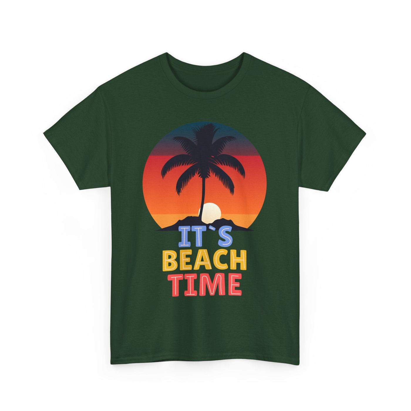 Beach Time Summer 2025 T-shirt with palm tree and sunset graphic.