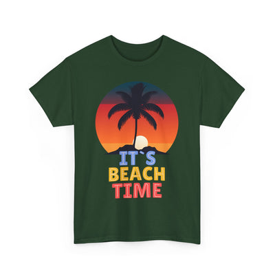 Beach Time Summer 2025 T-shirt with palm tree and sunset graphic.