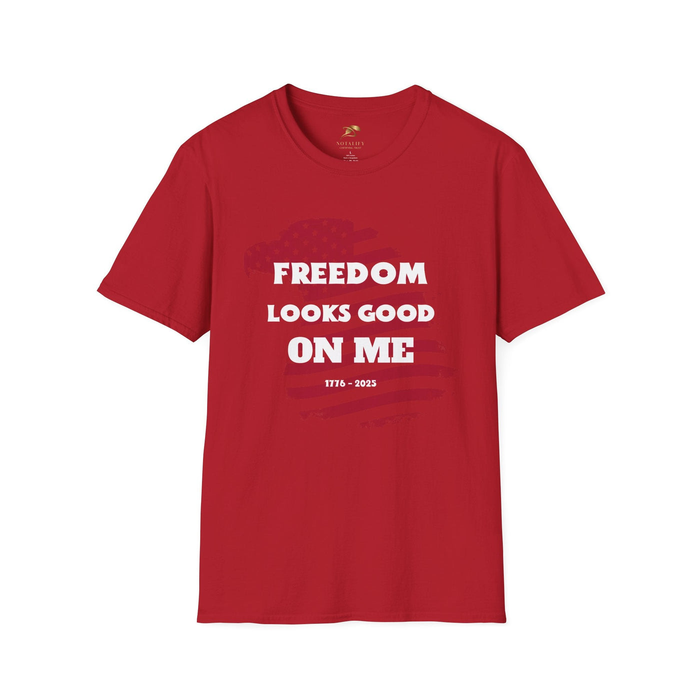 Red patriotic party tee with "Freedom Looks Good On Me" text for 4th of July celebrations.