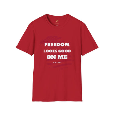 Red patriotic party tee with "Freedom Looks Good On Me" text for 4th of July celebrations.