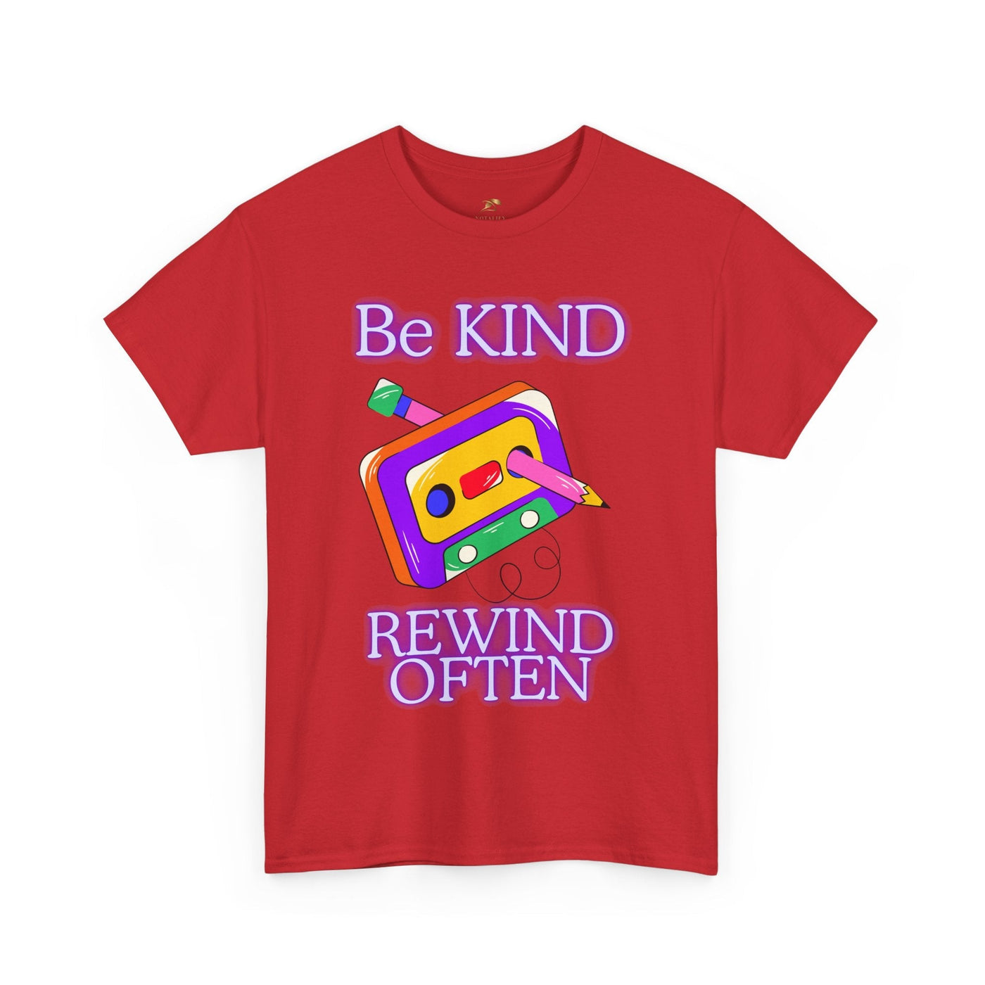 Unisex red t-shirt with "Be Kind, Rewind Often" retro cassette design, 90s nostalgia vibe.