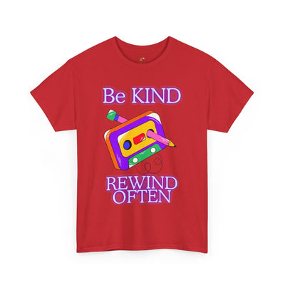 Unisex red t-shirt with "Be Kind, Rewind Often" retro cassette design, 90s nostalgia vibe.