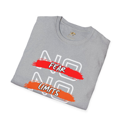 Folded gray unisex t-shirt with "No Fear No Limits" motivational graphic in red and orange brush strokes.