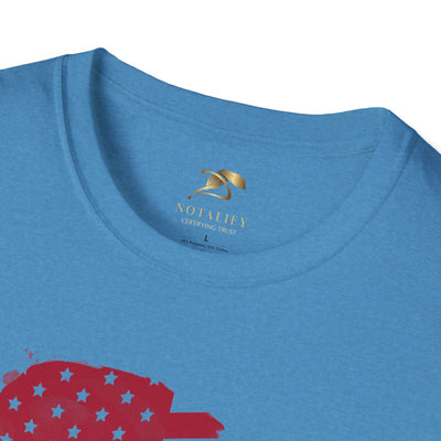 Unisex Patriotic Party Tee with festive 4th of July design featuring flags and fireworks on soft blue fabric.