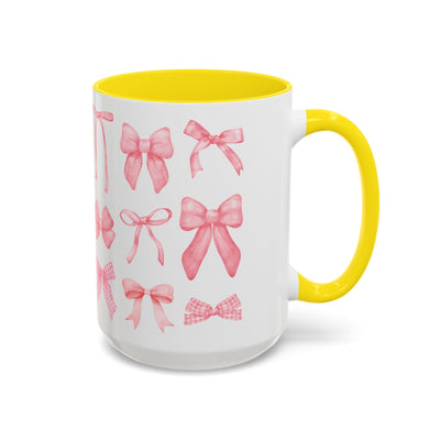 Personalized Mother's Day mug with pink bow design, vibrant colors, yellow interior, dishwasher and microwave safe.