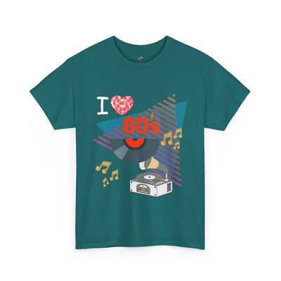 Unisex 80's Music Lover T-shirt with retro vinyl record and cassette player graphic on teal cotton tee