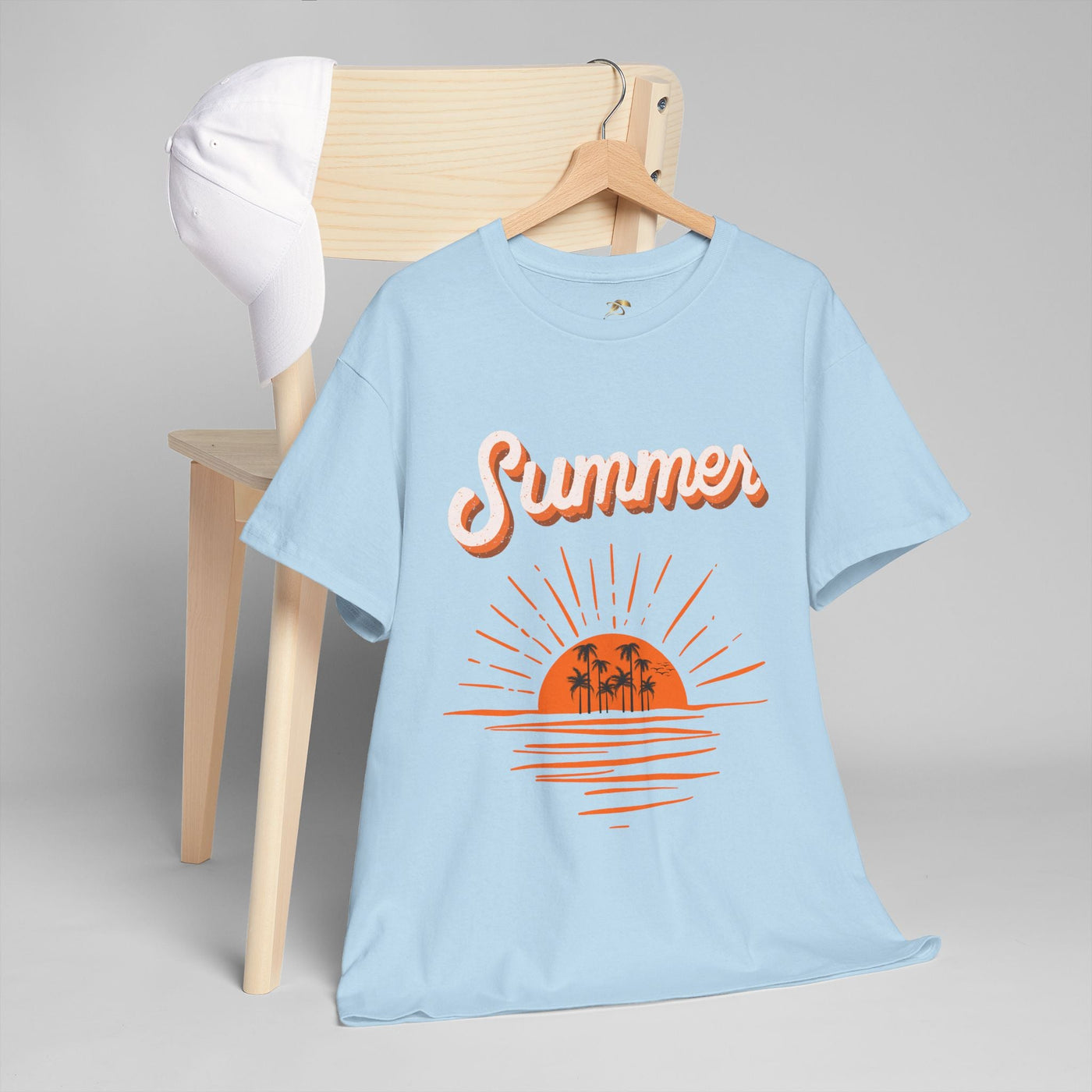 Summer 2025 Sunset T-Shirt with vintage sunset graphic, palm tree silhouettes, and ocean reflection, unisex and breathable for tropical vacations.