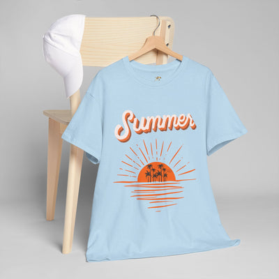 Summer 2025 Sunset T-Shirt with vintage sunset graphic, palm tree silhouettes, and ocean reflection, unisex and breathable for tropical vacations.