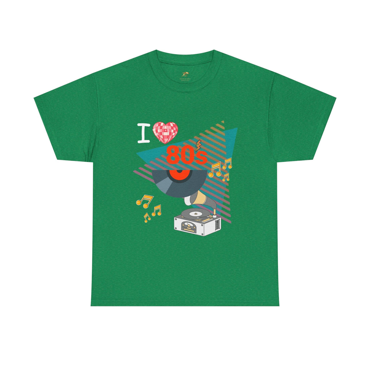 Green 80's Music Lover T-shirt with retro vinyl record and music graphics, unisex vintage cotton tee
