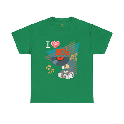 Green 80's Music Lover T-shirt with retro vinyl record and music graphics, unisex vintage cotton tee