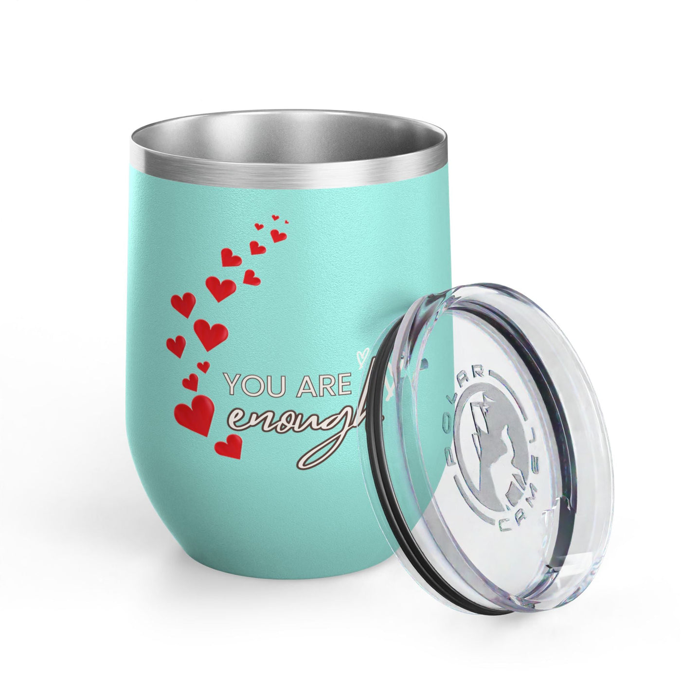 Positive Affirmation Wine Tumbler, 12oz stainless steel insulated cup with "You are enough" engraving and leak-proof lid.