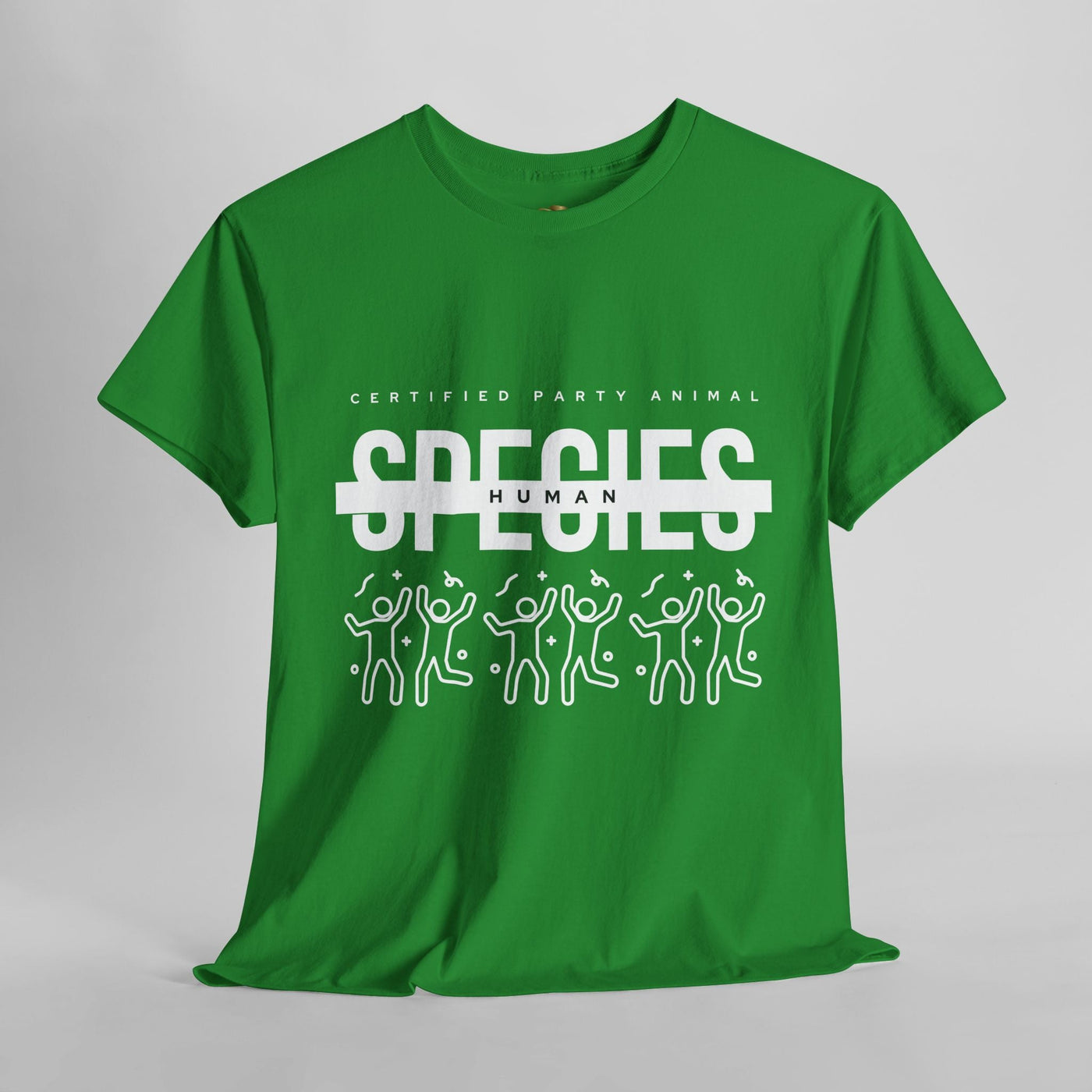 Green t-shirt with "Certified Party Animal" and "Species: Human" text, featuring dancing figures and confetti. Perfect for parties and celebrations.