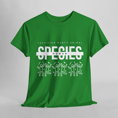 Green t-shirt with "Certified Party Animal" and "Species: Human" text, featuring dancing figures and confetti. Perfect for parties and celebrations.