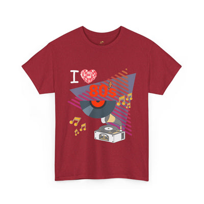 Red 80's music lover t-shirt with retro record player and musical notes graphic design