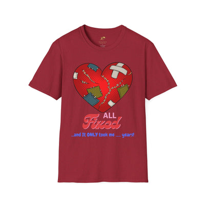 Heart Fixed Enamorados unisex Valentine’s Day t-shirt, red with a patched heart design, ideal gift for couples.