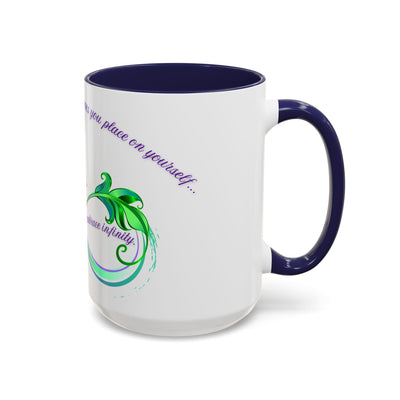 Inspirational Butterfly Coffee Mug with Embrace Infinity design, featuring vibrant colors and colored accents.