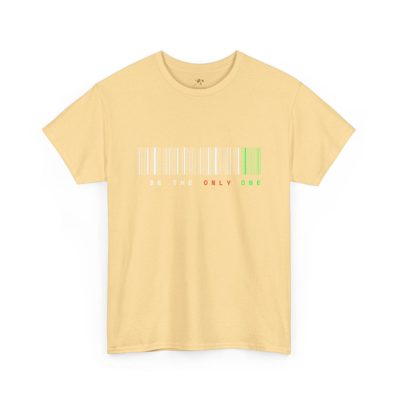 Unique "Be The Only One" barcode t-shirt in blue with a minimalist design