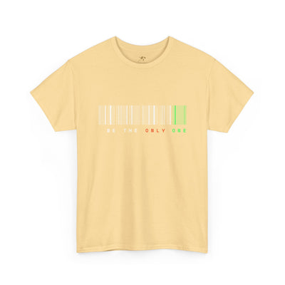 Unique "Be The Only One" barcode t-shirt in blue with a minimalist design