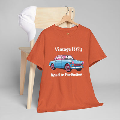 Vintage Aged to Perfection t-shirt with classic car graphic, retro style, funny birthday gift.