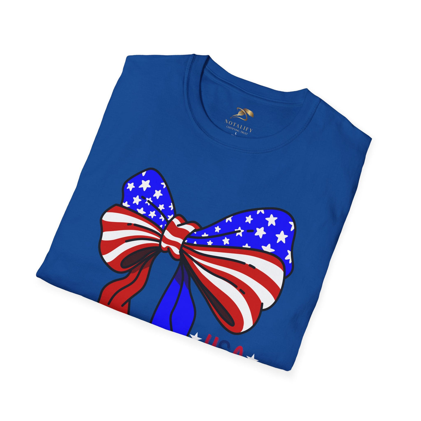 Coquette USA Patriotic T-Shirt in blue with American flag bow design, perfect for Independence Day celebrations and casual wear.