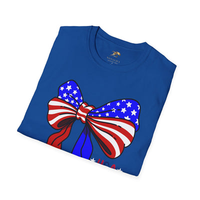Coquette USA Patriotic T-Shirt in blue with American flag bow design, perfect for Independence Day celebrations and casual wear.