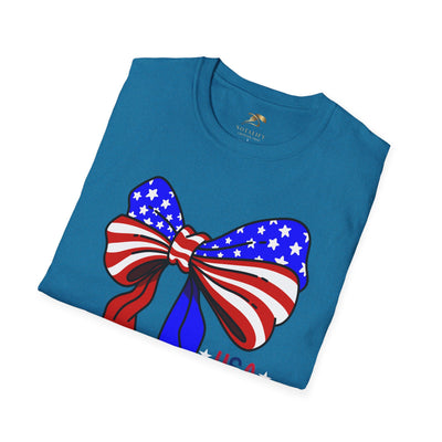 Coquette USA Patriotic T-Shirt with American flag bow design, Independence Day unisex tee.