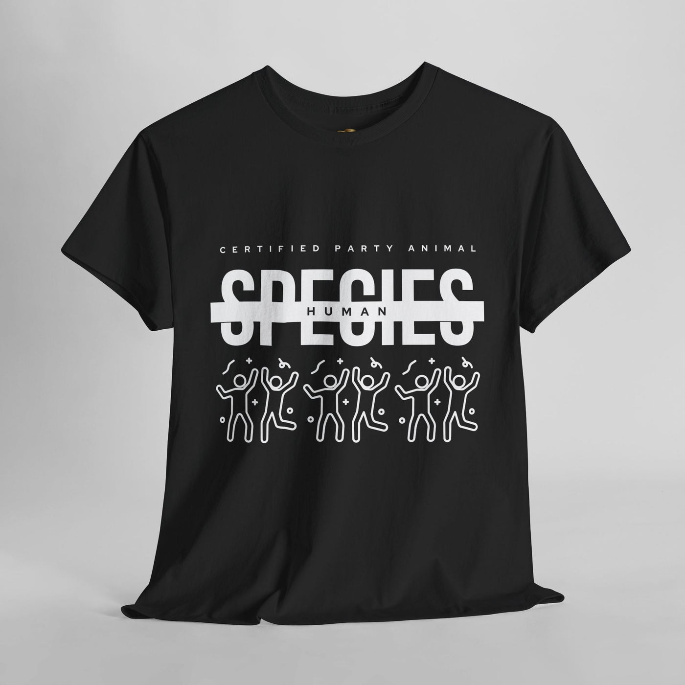 Certified Party Animal t-shirt with graphic "Species: Human" and dancing figures, ideal for birthday celebrations and casual wear.