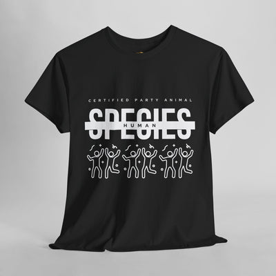 Certified Party Animal t-shirt with graphic "Species: Human" and dancing figures, ideal for birthday celebrations and casual wear.
