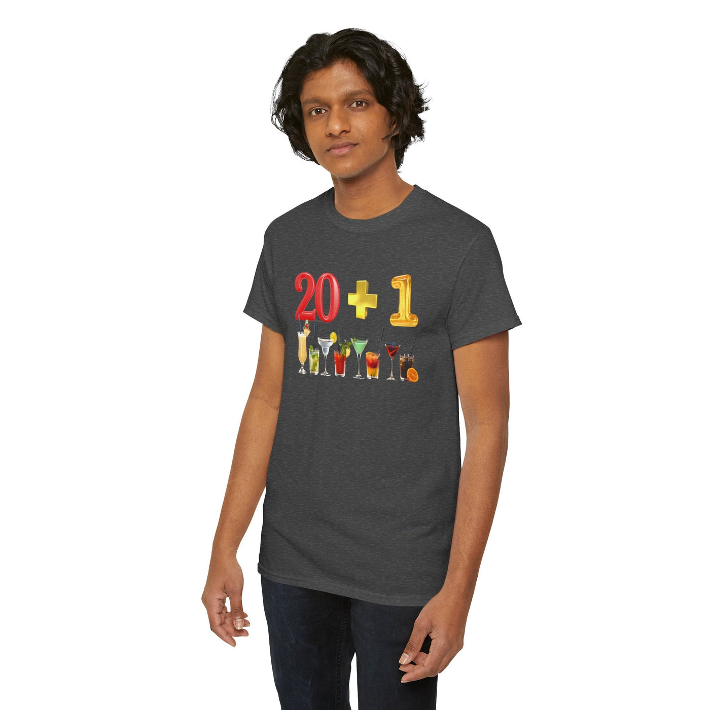 21st Birthday T-Shirt with "20 + 1" design featuring colorful cocktails.