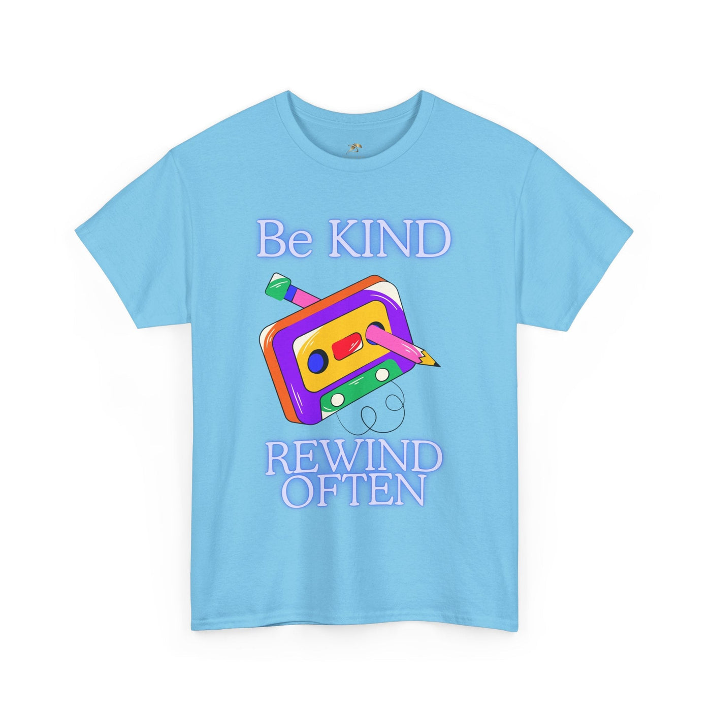 Be Kind, Rewind Often T-Shirt with retro cassette design in pastel colors.