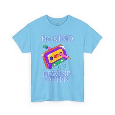 Be Kind, Rewind Often T-Shirt with retro cassette design in pastel colors.