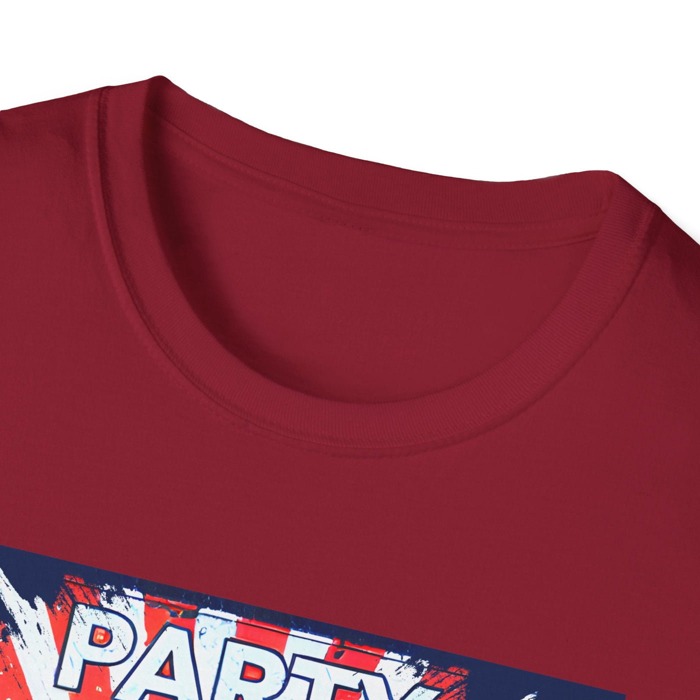Patriotic Party T-Shirt for 4th of July celebrations, unisex softstyle, red fabric close-up.