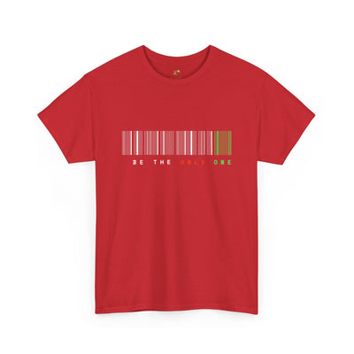 Unique "Be The Only One" barcode t-shirt in blue with a minimalist design