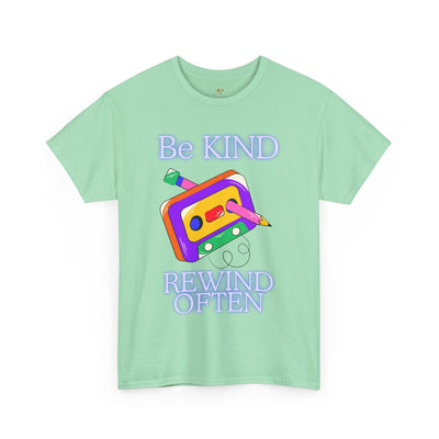 Retro vibe "Be Kind, Rewind Often" T-shirt with cassette design, unisex graphic tee, 90s nostalgia.