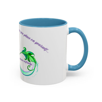 Inspirational butterfly coffee mug with blue handle and interior, featuring an embrace infinity design.