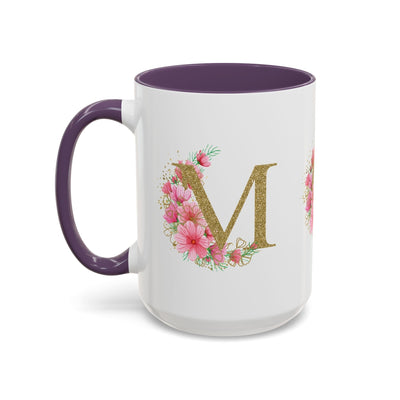 Mother's Day Mug with floral design and purple handle, personalized gift for mom, ceramic drinkware.