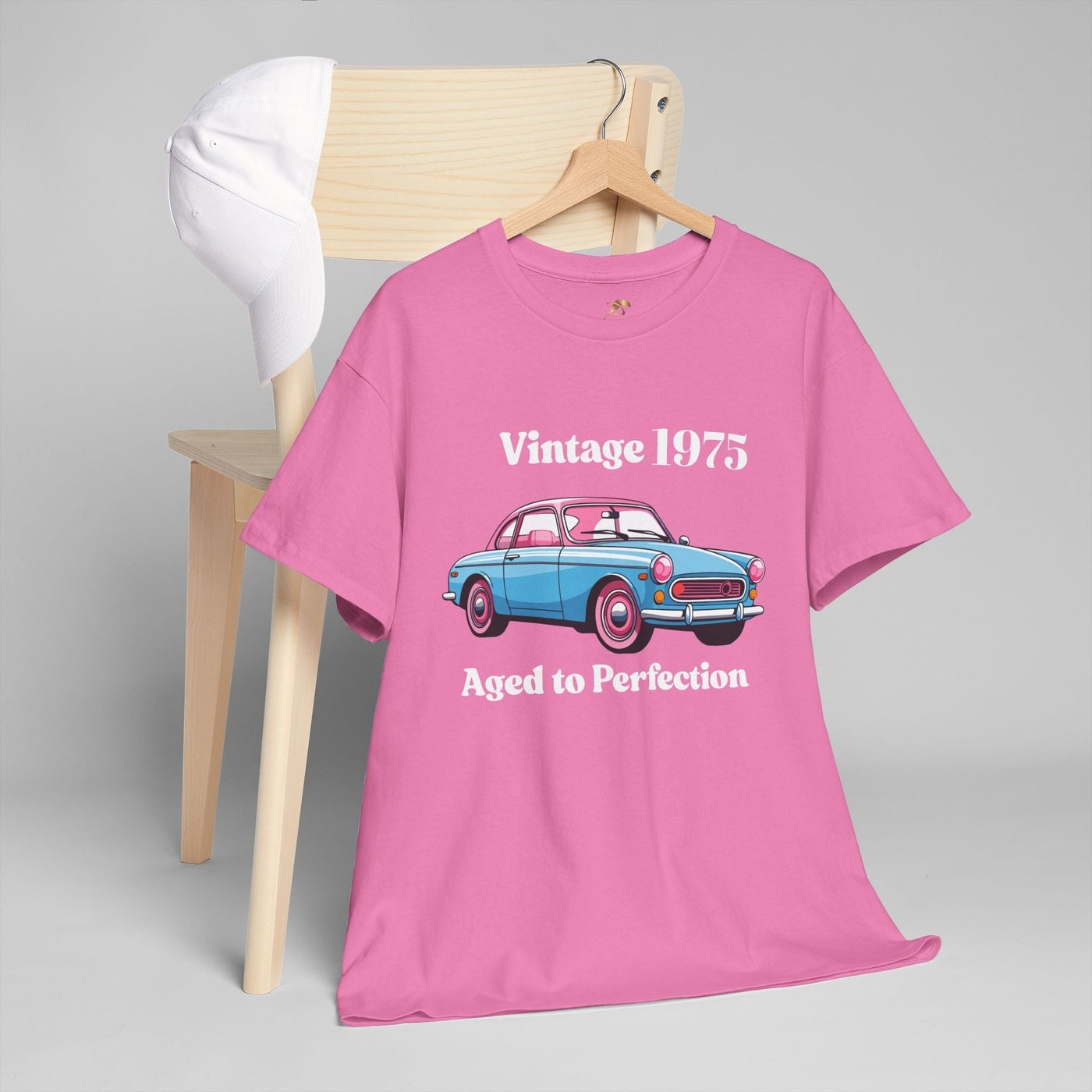 Vintage Aged to Perfection T-Shirt with Retro Car Design on Pink Fabric