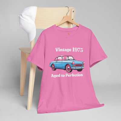 Vintage Aged to Perfection T-Shirt with Retro Car Design on Pink Fabric
