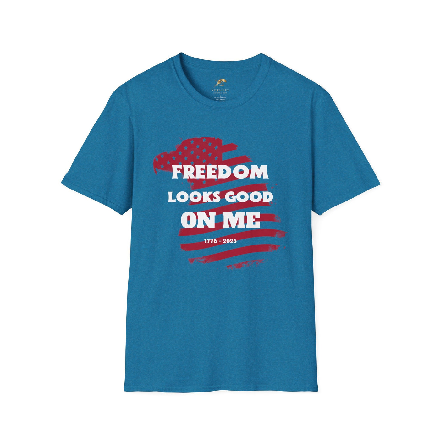 Patriotic party tee with "Freedom Looks Good On Me" design for 4th of July celebrations.