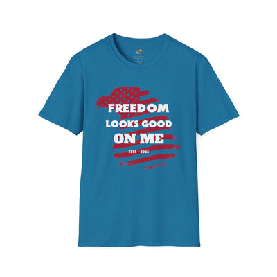 Patriotic party tee with "Freedom Looks Good On Me" design for 4th of July celebrations.